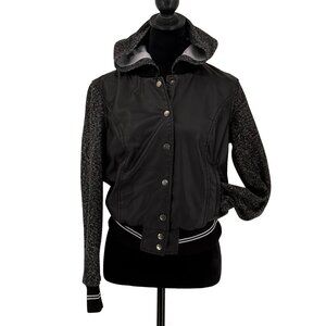 New Look Hoodie Jacket Women L Faux Leather Knit Y2K Varsity Stripe Zip 90s Snap